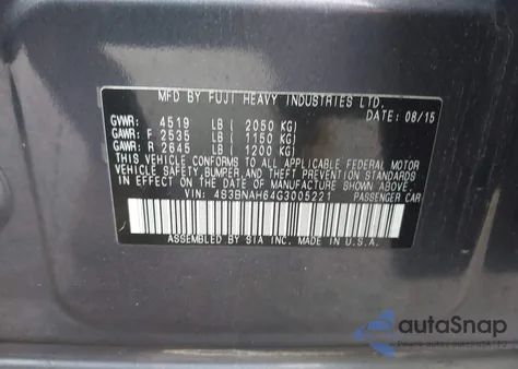 2016 Subaru Legacy 2.5I Premium из США, поврежденный, VIN 4S3BNAH64G3005221